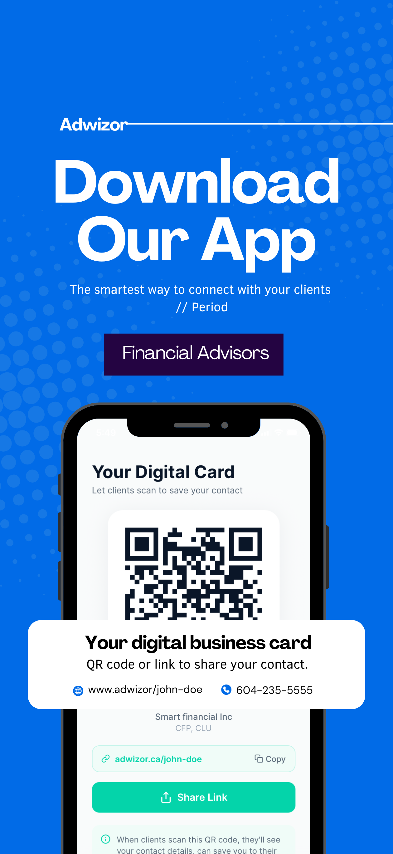 Adwizor app showing QR code digital business card